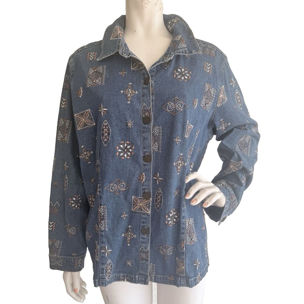 GRAFF Vintage Denim Jacket Embroidered Print Beaded Art to Wear Top Size L